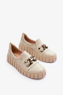 Skórzane Półbuty Damskie Na Platformie Z Ozdobą Beżowe Lewski 3398
