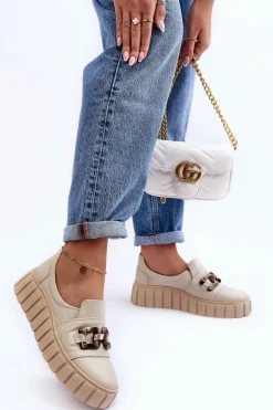 Skórzane Półbuty Damskie Na Platformie Z Ozdobą Beżowe Lewski 3398