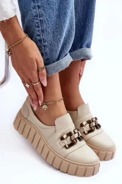 Skórzane Półbuty Damskie Na Platformie Z Ozdobą Beżowe Lewski 3398