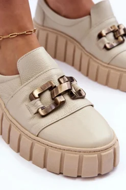 Skórzane Półbuty Damskie Na Platformie Z Ozdobą Beżowe Lewski 3398