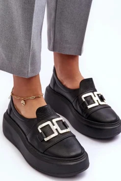 Skórzane Półbuty Damskie Na Platformie Czarne Lewski 3398/2