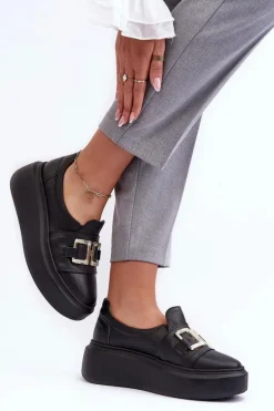 Skórzane Półbuty Damskie Na Platformie Czarne Lewski 3398/2