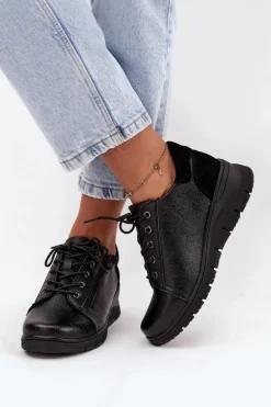 Skórzane Półbuty Damskie Na Koturnie Vinceza 39964 Czarne