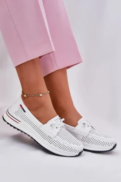 Skórzane Półbuty Damskie Na Platformie Białe Violeth