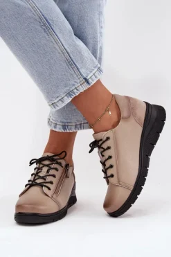 Skórzane Półbuty Damskie Na Koturnie Vinceza 39964 Beżowe