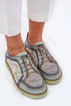 Skórzane Półbuty Damskie Wzorzyste Maciejka 06784-09 Zielone