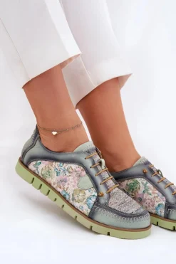 Skórzane Półbuty Damskie Wzorzyste Maciejka 06784-09 Zielone