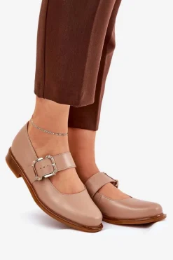 Skórzane Półbuty Damskie Z Klamrą Laura Messi 2980 Ciemnobeżowe