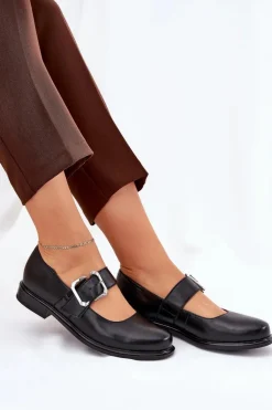 Skórzane Półbuty Damskie Z Klamrą Laura Messi 2980 Czarne