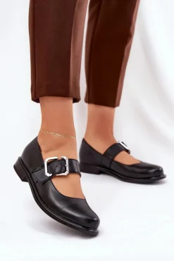 Skórzane Półbuty Damskie Z Klamrą Laura Messi 2980 Czarne