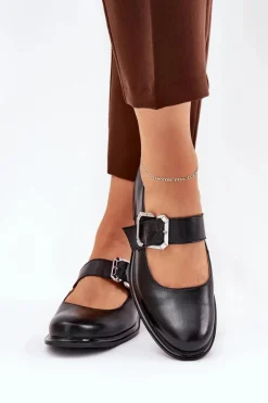 Skórzane Półbuty Damskie Z Klamrą Laura Messi 2980 Czarne