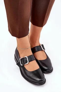 Skórzane Półbuty Damskie Z Klamrą Laura Messi 2980 Czarne