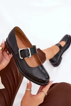 Skórzane Półbuty Damskie Z Klamrą Laura Messi 2980 Czarne