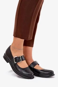 Skórzane Półbuty Damskie Z Klamrą Laura Messi 2980 Czarne