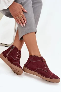 Skórzane Półbuty Damskie Z Przeszyciami Na Zamek Artiker 57C2116 Bordowe
