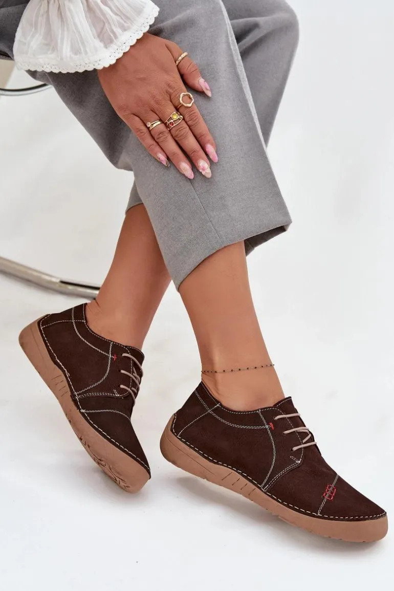 Skórzane Półbuty Damskie Z Przeszyciami Artiker 57C2114 Brązowe