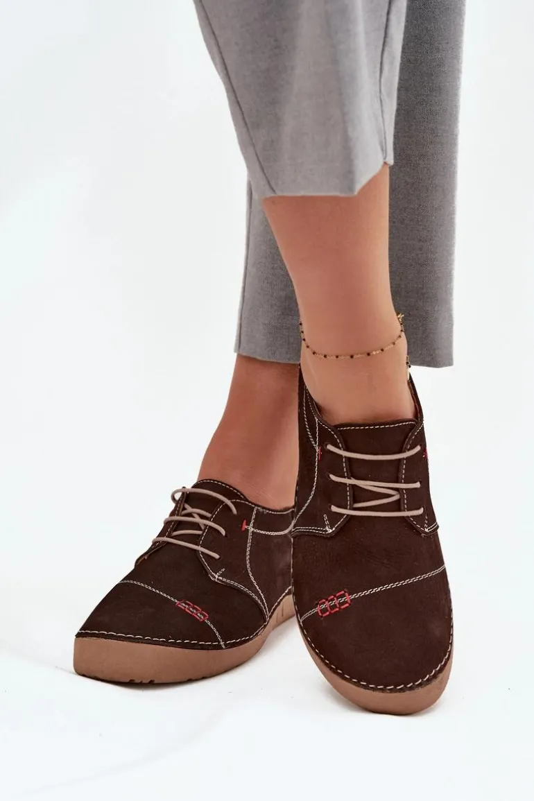 Skórzane Półbuty Damskie Z Przeszyciami Artiker 57C2114 Brązowe
