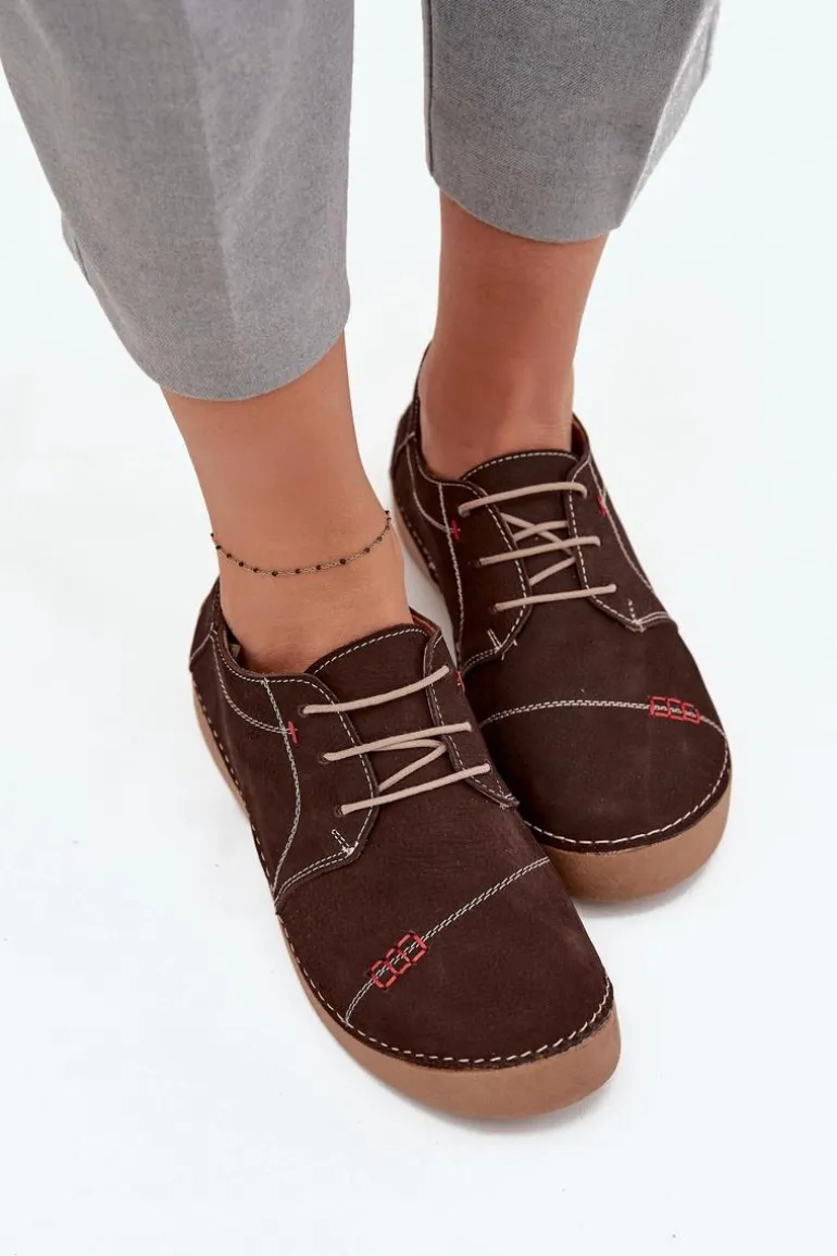 Skórzane Półbuty Damskie Z Przeszyciami Artiker 57C2114 Brązowe