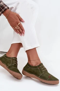 Skórzane Półbuty Damskie Z Przeszyciami Artiker 57C2112 Zielone