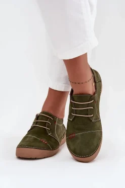 Skórzane Półbuty Damskie Z Przeszyciami Artiker 57C2112 Zielone