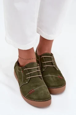 Skórzane Półbuty Damskie Z Przeszyciami Artiker 57C2112 Zielone