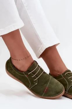 Skórzane Półbuty Damskie Z Przeszyciami Artiker 57C2112 Zielone