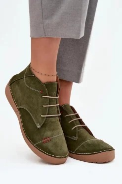 Skórzane Półbuty Damskie Z Przeszyciami Na Zamek Artiker 57C2119 Zielone