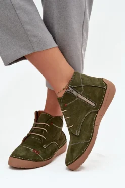 Skórzane Półbuty Damskie Z Przeszyciami Na Zamek Artiker 57C2119 Zielone