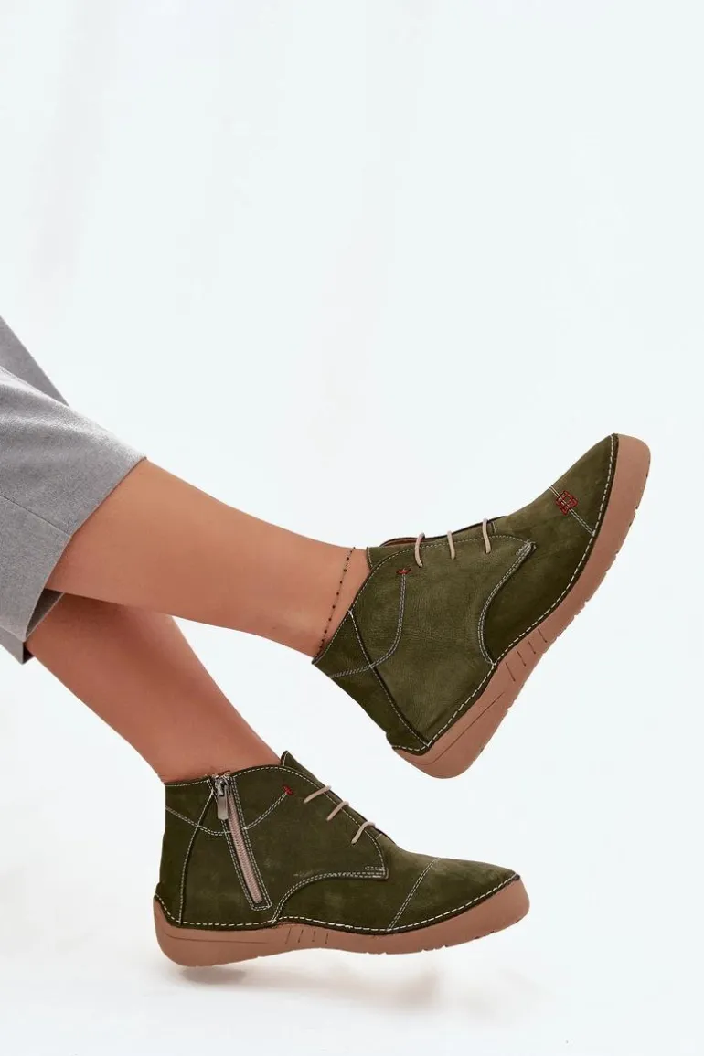 Skórzane Półbuty Damskie Z Przeszyciami Na Zamek Artiker 57C2119 Zielone