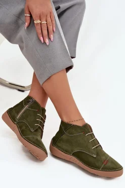 Skórzane Półbuty Damskie Z Przeszyciami Na Zamek Artiker 57C2119 Zielone