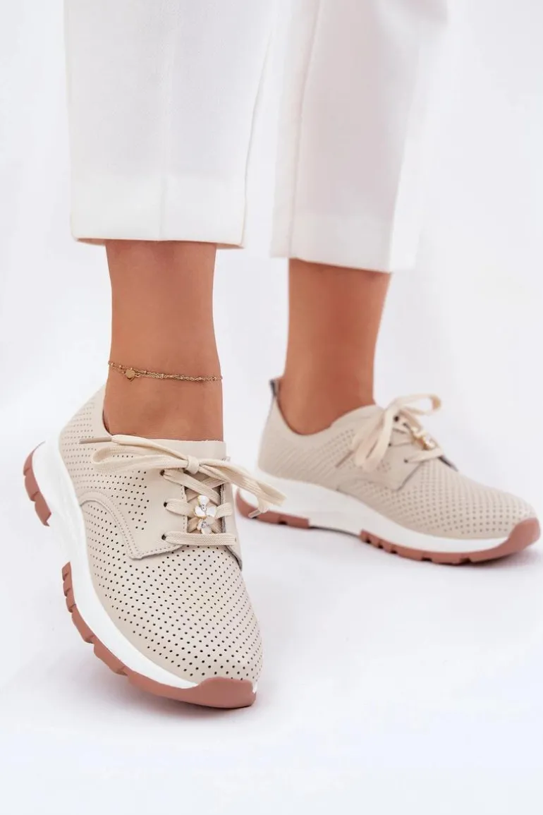 Skórzane Półbuty Damskie Z Przypinką Artiker 54C1811 Beżowe