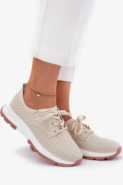 Skórzane Półbuty Damskie Z Przypinką Artiker 54C1811 Beżowe