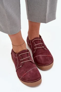 Skórzane Półbuty Damskie Z Przeszyciami Artiker 57C2111 Bordowe