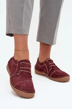 Skórzane Półbuty Damskie Z Przeszyciami Artiker 57C2111 Bordowe
