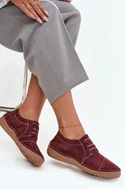 Skórzane Półbuty Damskie Z Przeszyciami Artiker 57C2111 Bordowe