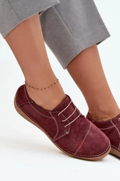 Skórzane Półbuty Damskie Z Przeszyciami Artiker 57C2111 Bordowe