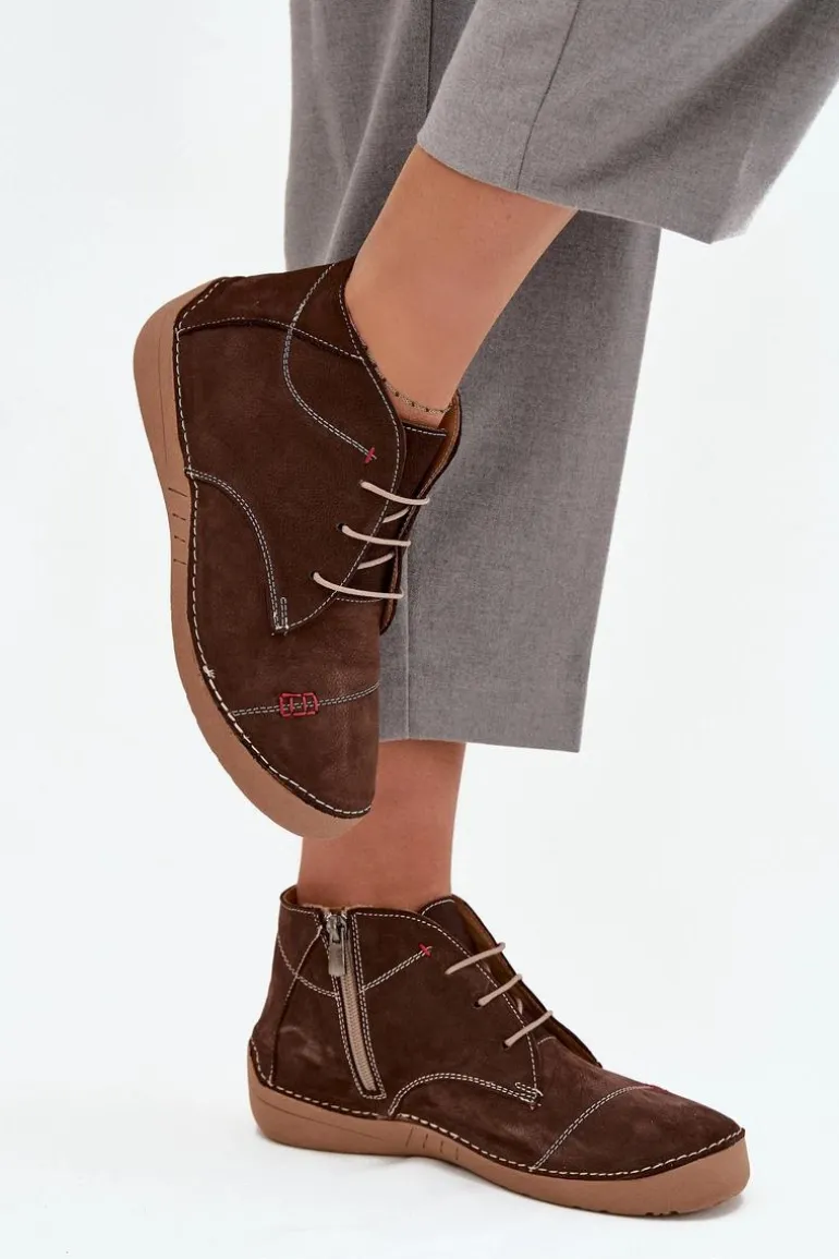 Skórzane Półbuty Damskie Z Przeszyciami Na Zamek Artiker 57C2117 Brązowe