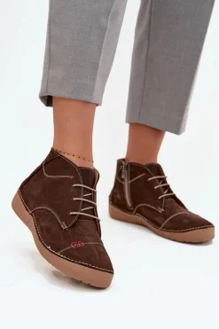 Skórzane Półbuty Damskie Z Przeszyciami Na Zamek Artiker 57C2117 Brązowe