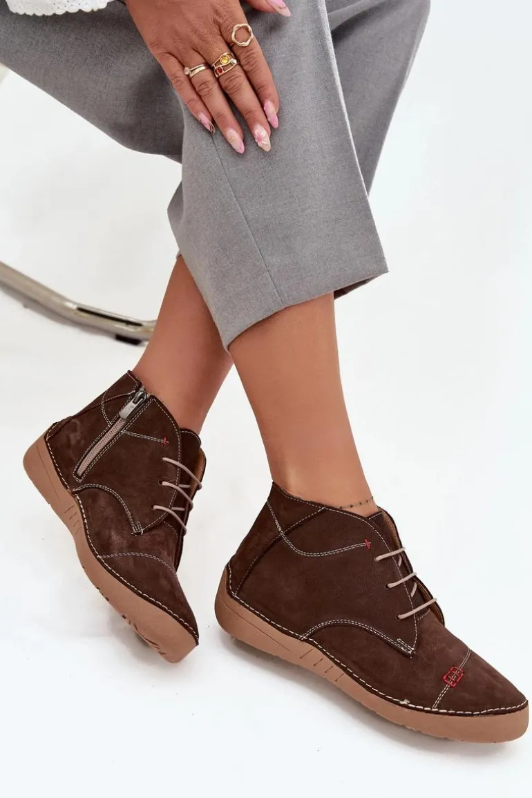 Skórzane Półbuty Damskie Z Przeszyciami Na Zamek Artiker 57C2117 Brązowe