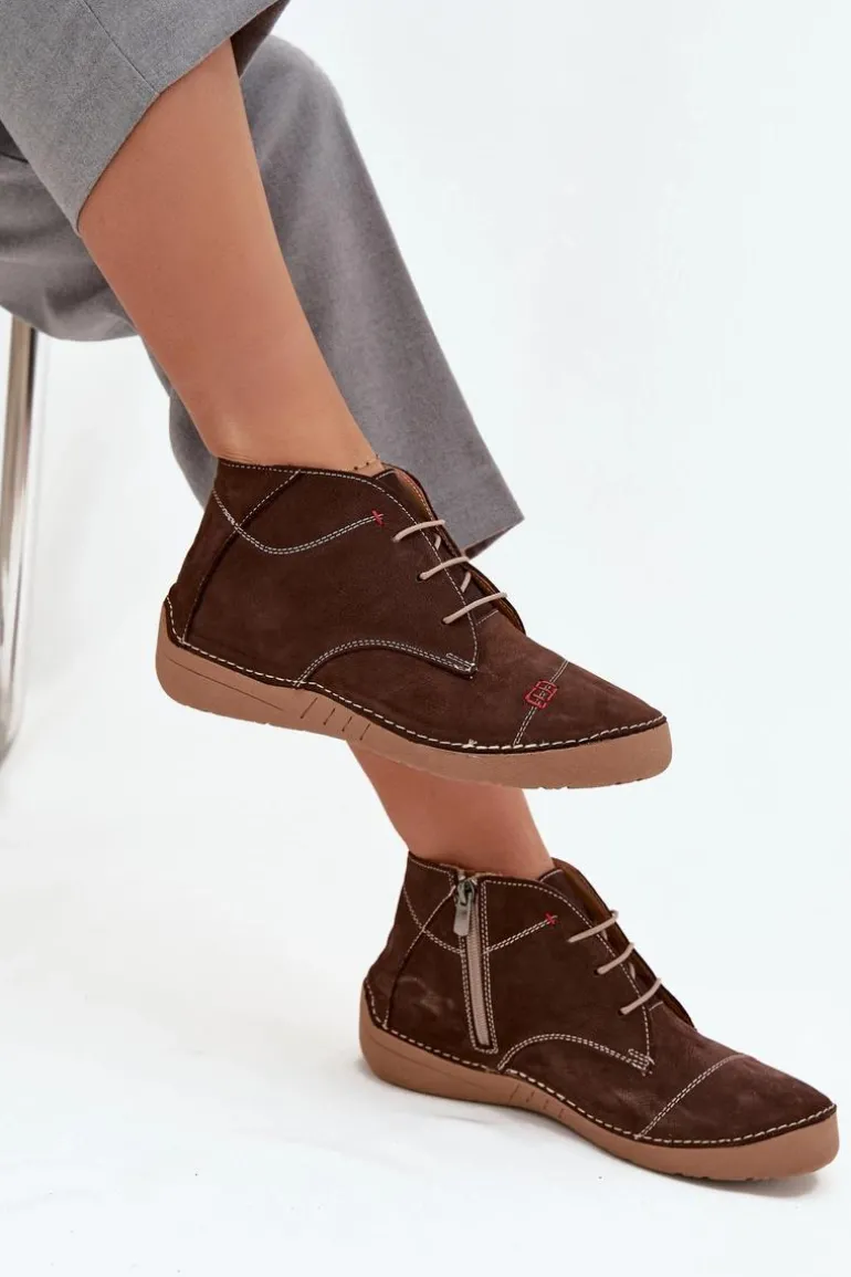 Skórzane Półbuty Damskie Z Przeszyciami Na Zamek Artiker 57C2117 Brązowe