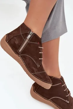 Skórzane Półbuty Damskie Z Przeszyciami Na Zamek Artiker 57C2117 Brązowe
