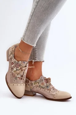 Skórzane Półbuty Damskie Ze Zdobioną Cholewką Maciejka 06408-04 Beżowe