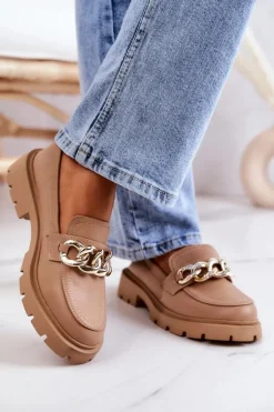 Skórzane Półbuty Loafery Łańcuch Ciemnobeżowe Amicable