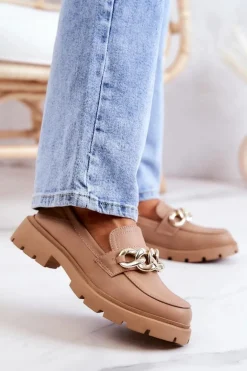 Skórzane Półbuty Loafery Łańcuch Ciemnobeżowe Amicable