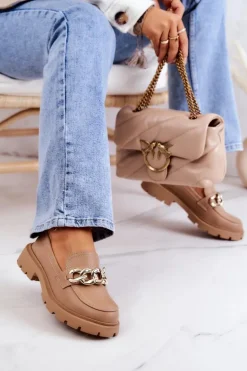 Skórzane Półbuty Loafery Łańcuch Ciemnobeżowe Amicable