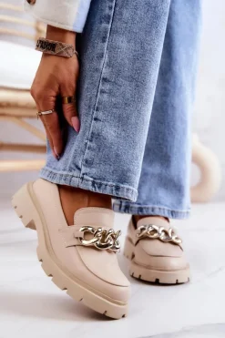 Skórzane Półbuty Loafery Łańcuch Beżowe Amicable