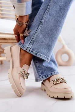 Skórzane Półbuty Loafery Łańcuch Beżowe Amicable