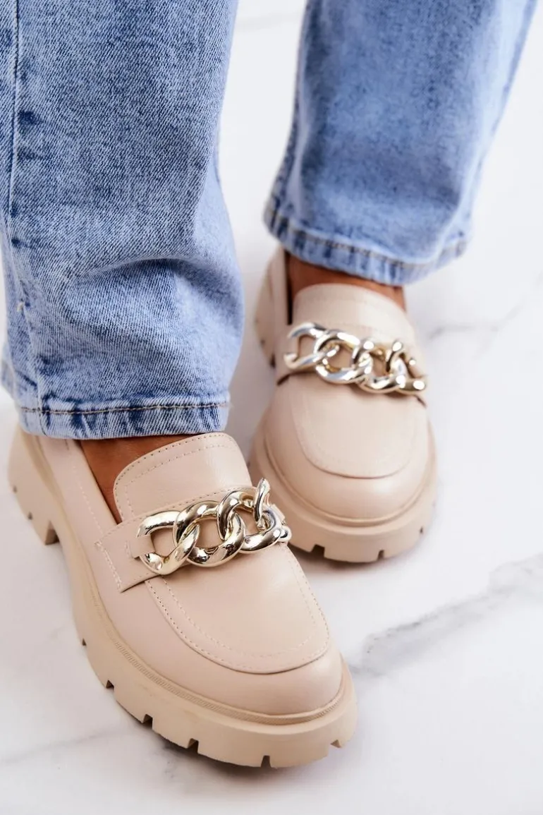 Skórzane Półbuty Loafery Łańcuch Beżowe Amicable