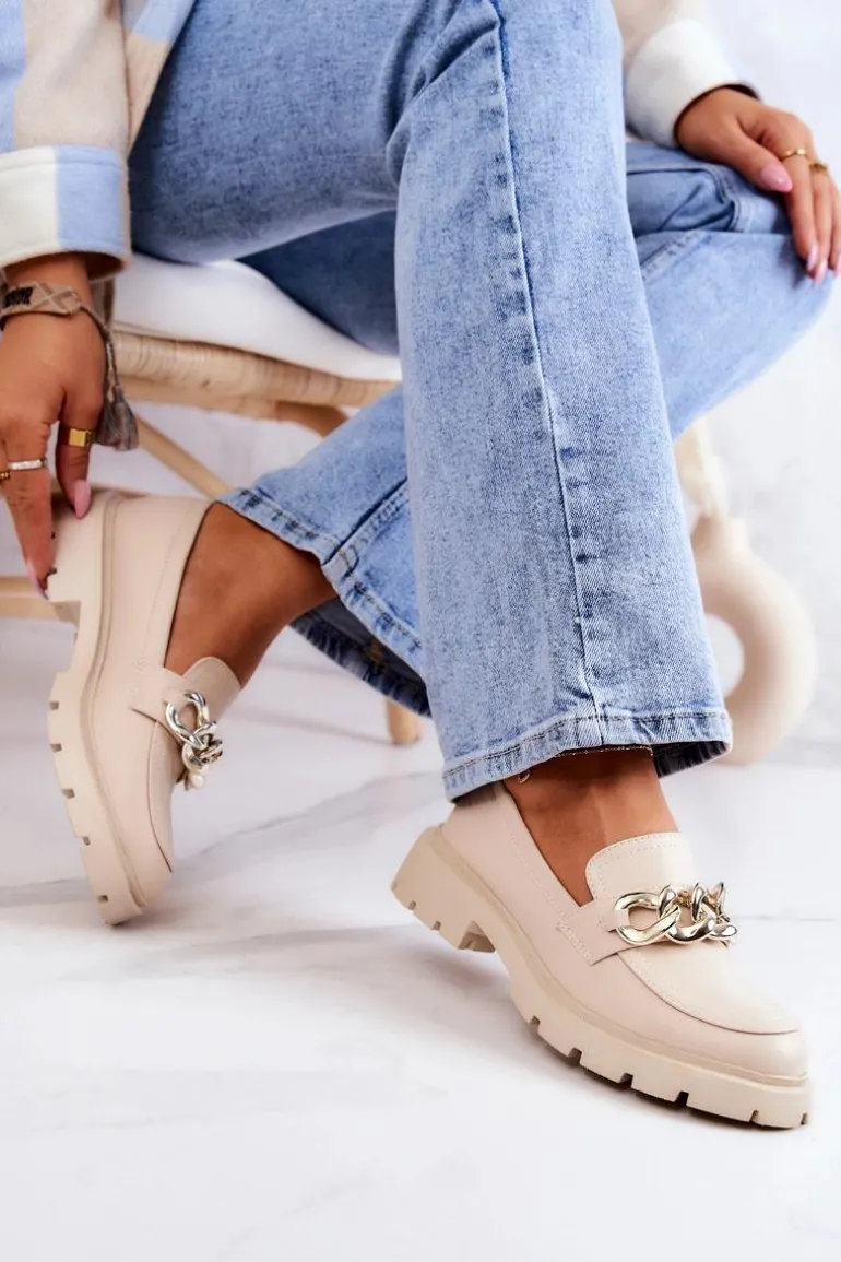 Skórzane Półbuty Loafery Łańcuch Beżowe Amicable