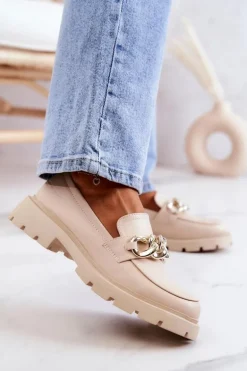 Skórzane Półbuty Loafery Łańcuch Beżowe Amicable